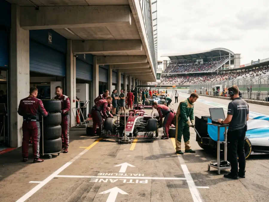 Boxengasse beim Grand Prix — Mechaniker bereiten die Rennwagen der elf Teams der Formel-1-Saison 2026 vor